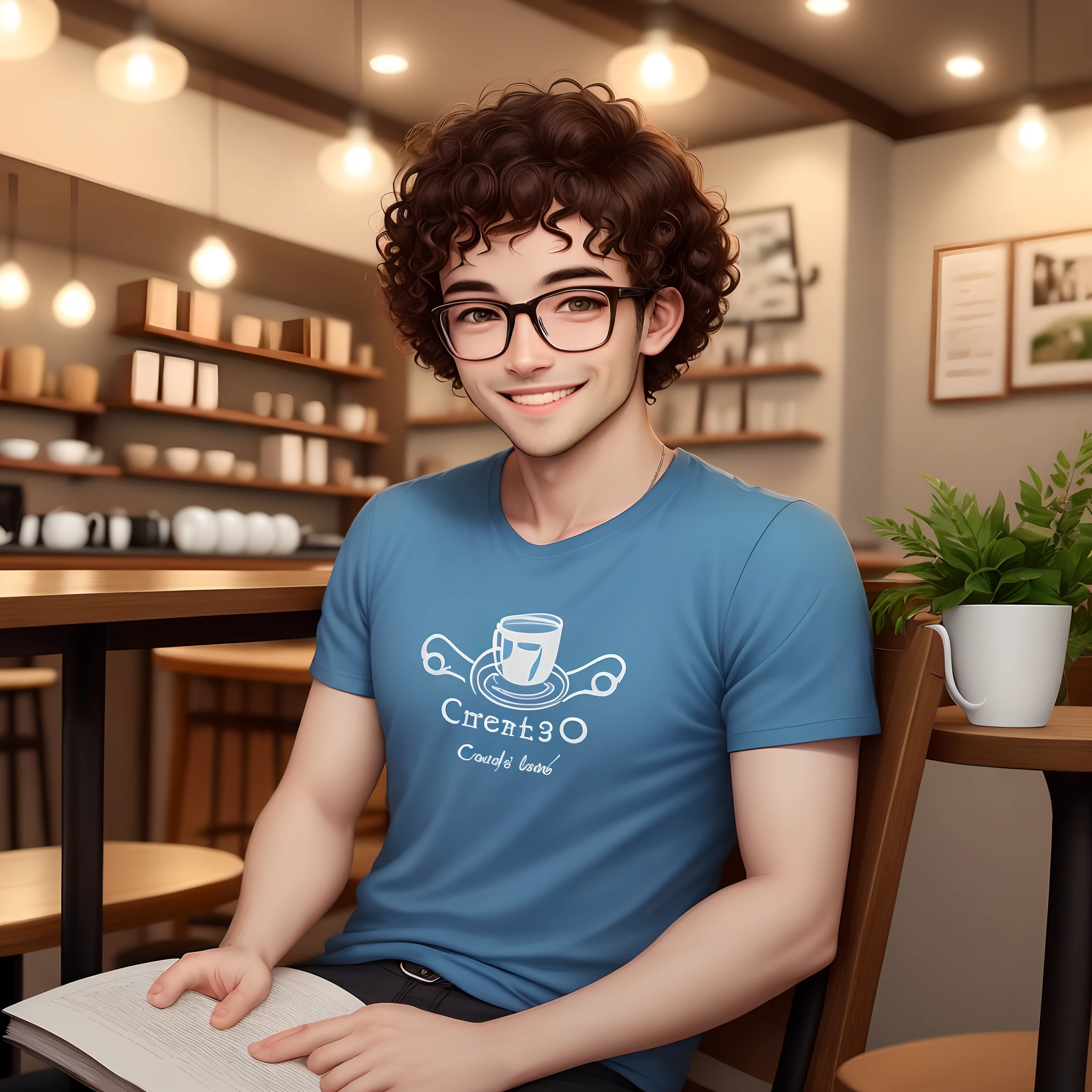 : A person in their mid-30s with short, curly brown hair, wearing glasses and a blue T-shirt. They have a friendly smile and appear to be engrossed in a book while sitting in a cozy cafe, sipping a latte.