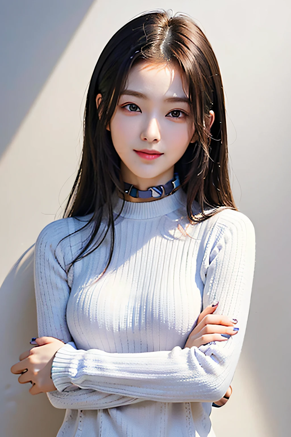 超A high resolution、masterpiece、top-quality、
extra detailed face、A detailed eye、Very complex and、perfect glossy shiny skins、Perfect litthing、Detailed Lighting、Dramatic shadows、Ray traching、
1 girl in、The upper part of the body、White sweater、looking at the viewers、Shy smile
