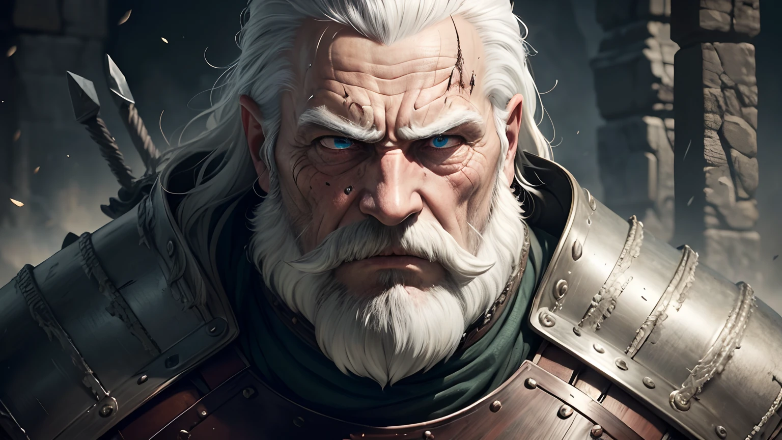 Old man, warrior, white hairs, moustache, damaged Armor, wounded man, tired, angry, high quality detailed artwork, 4k, inspired by game of thrones, wallpaper