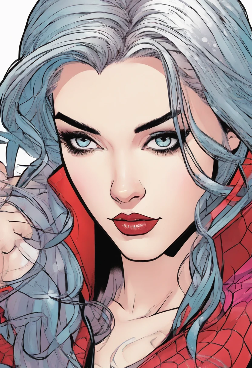 marvel conic panel, age girl, fair pale skin, grey blue eyes, black and pink shoulder length hair, long lashes, black and red spiderman suit, eyeliner, red lips