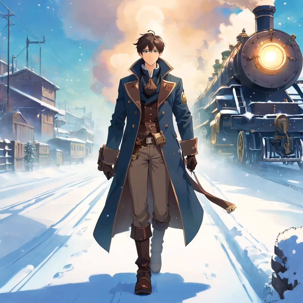 Steampunk Wanderer: Illustrate the man as a steampunk traveller, wearing black military coat. He walks through a snowy, mechanized landscape with steam-powered.