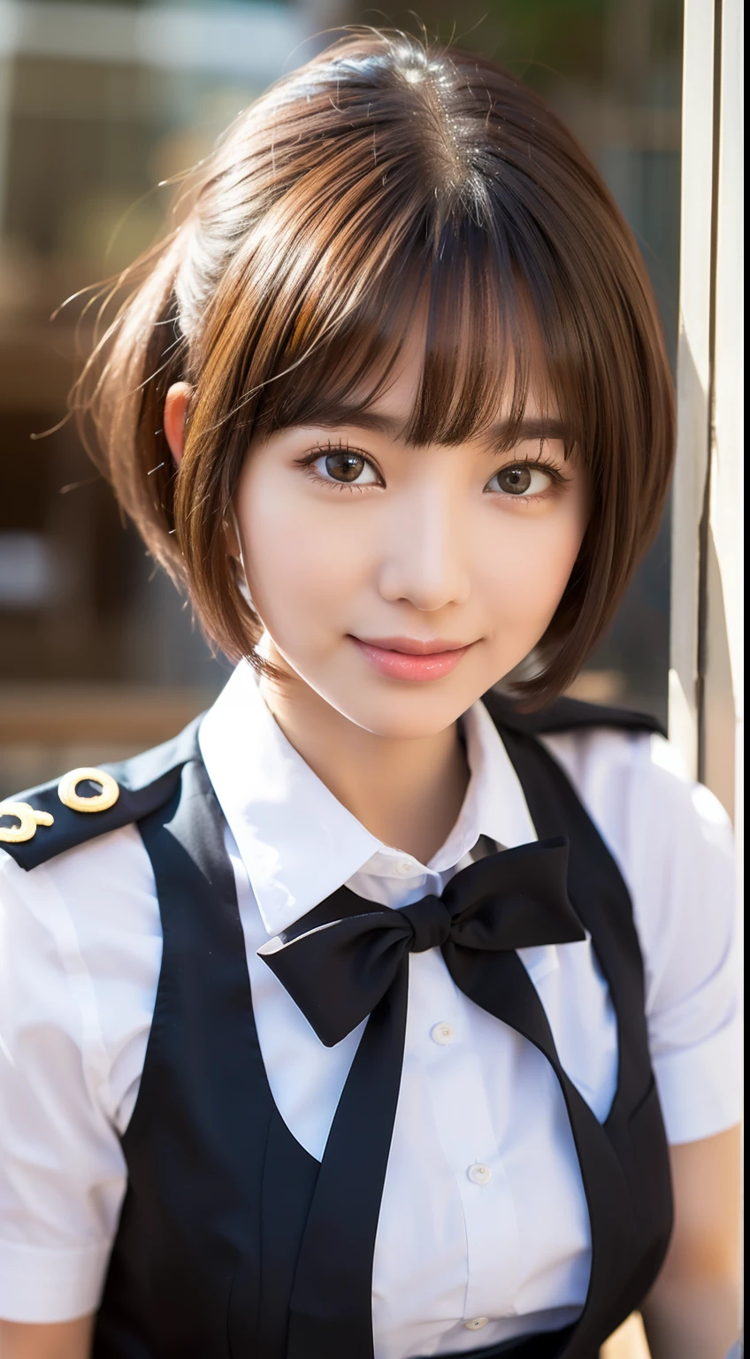 ((Natural Light, Top Quality, 8k, Masterpiece: 1.3)), Sharp Focus, 1 Girl, Slim Beauty: 1.2, Brown Hair, With Bangs, (Short Hair with Layer Cut), (Big: 1.5), Detailed Eyes, Beautiful Eyes with Slit Length, Double Eyelids, (Cat Face), (Cute Face), Cute Smile, (Close Mouth), (Cute), Soft Skin, Reflecting the whole body, Ultra Realistic, Ultra Detail, High Quality, ( A beautiful short-haired waitress who comes to the table to take orders), (((Detailed very cute waitress uniform)), (((Big that can be seen even from the top of the uniform))