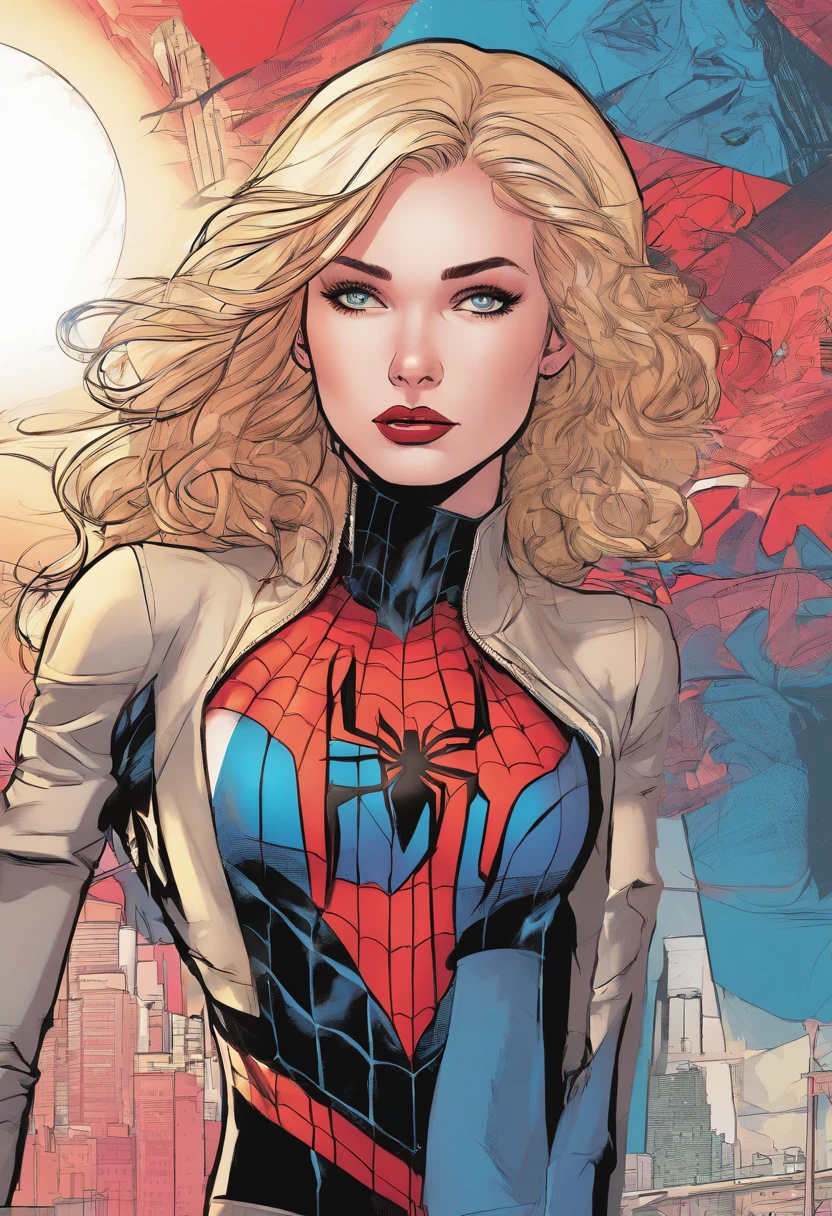 marvel conic panel, age girl, fair pale skin, grey blue eyes, black and pink shoulder length hair, long lashes, black and red spiderman suit, eyeliner, red lips