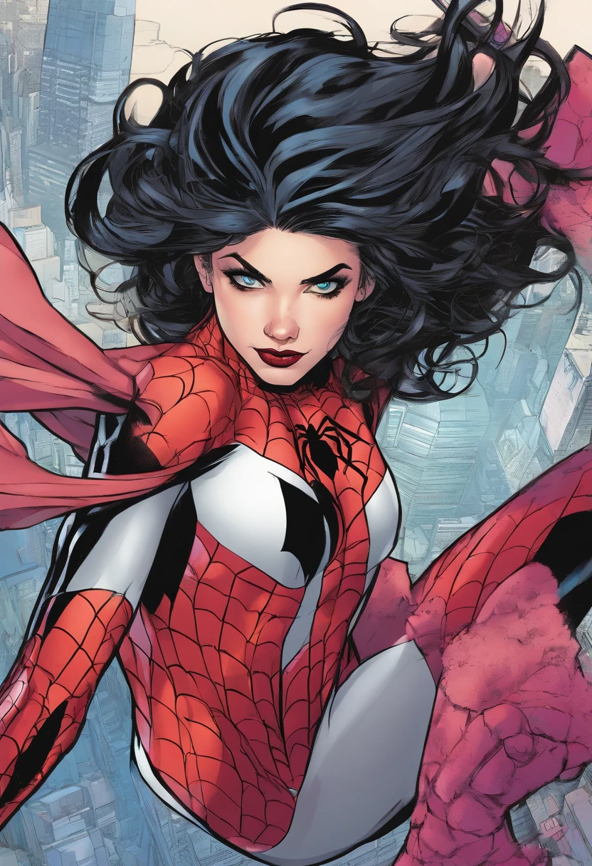 marvel conic panel, age girl, fair pale skin, grey blue eyes, black and pink shoulder length hair, long lashes, black and red spiderman suit, eyeliner, red lips