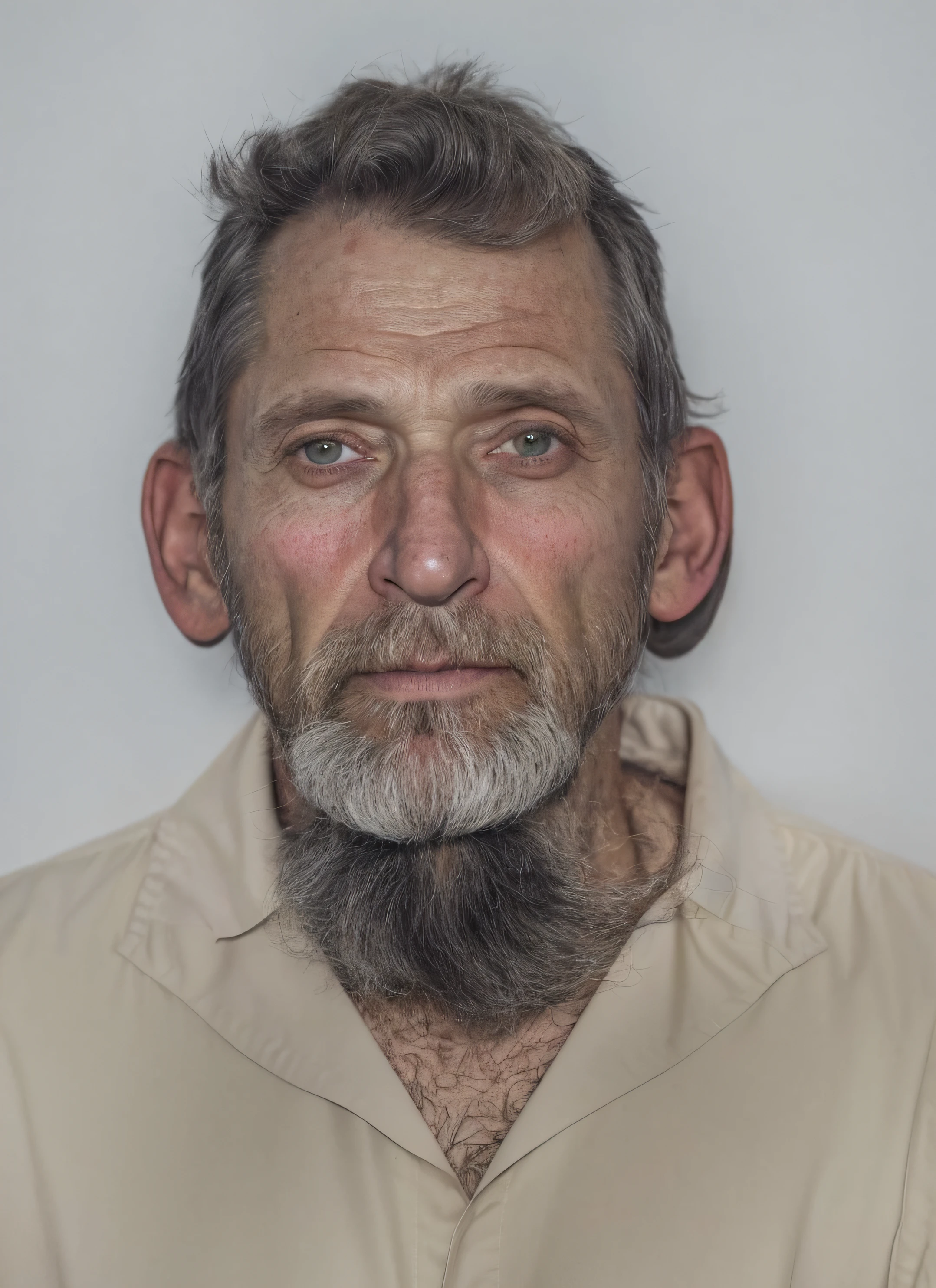 hay un hombre con barba y collar, Foto granulada de un hombre feo, 5 0 years old man, photo of a 50-year-old white man, Retrato de humanoide masculino, Foto de un hombre, Hombre de mediana edad, Cara fotorrealista, The Scariest Looking Man Alive, he's about 60 years old