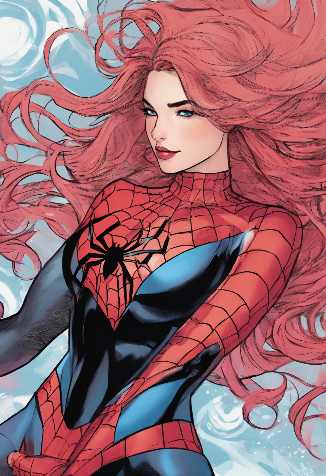 marvel conic panel, age girl, fair pale skin, grey blue eyes, black and pink shoulder length hair, long lashes, black and red spiderman suit, eyeliner, red lips