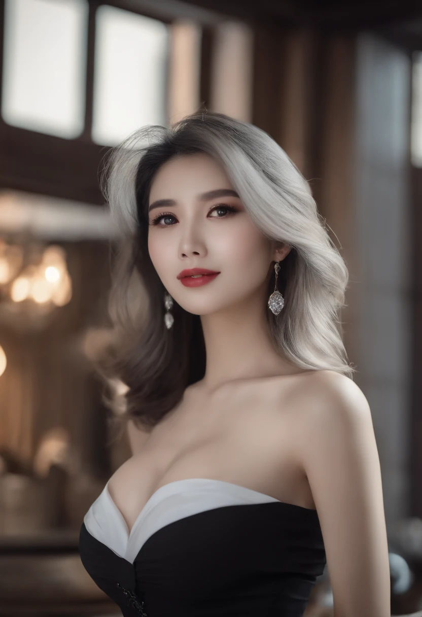 Yuyao, best qualtiy, The ultra-Highres, (realism:1.4), 1girll, off-shoulder white shirt, black tight skirt, Black collar, (Faint gray hair:1), (Huge cleavage breast:1.2), looking up at viewer, Close-up cleavage