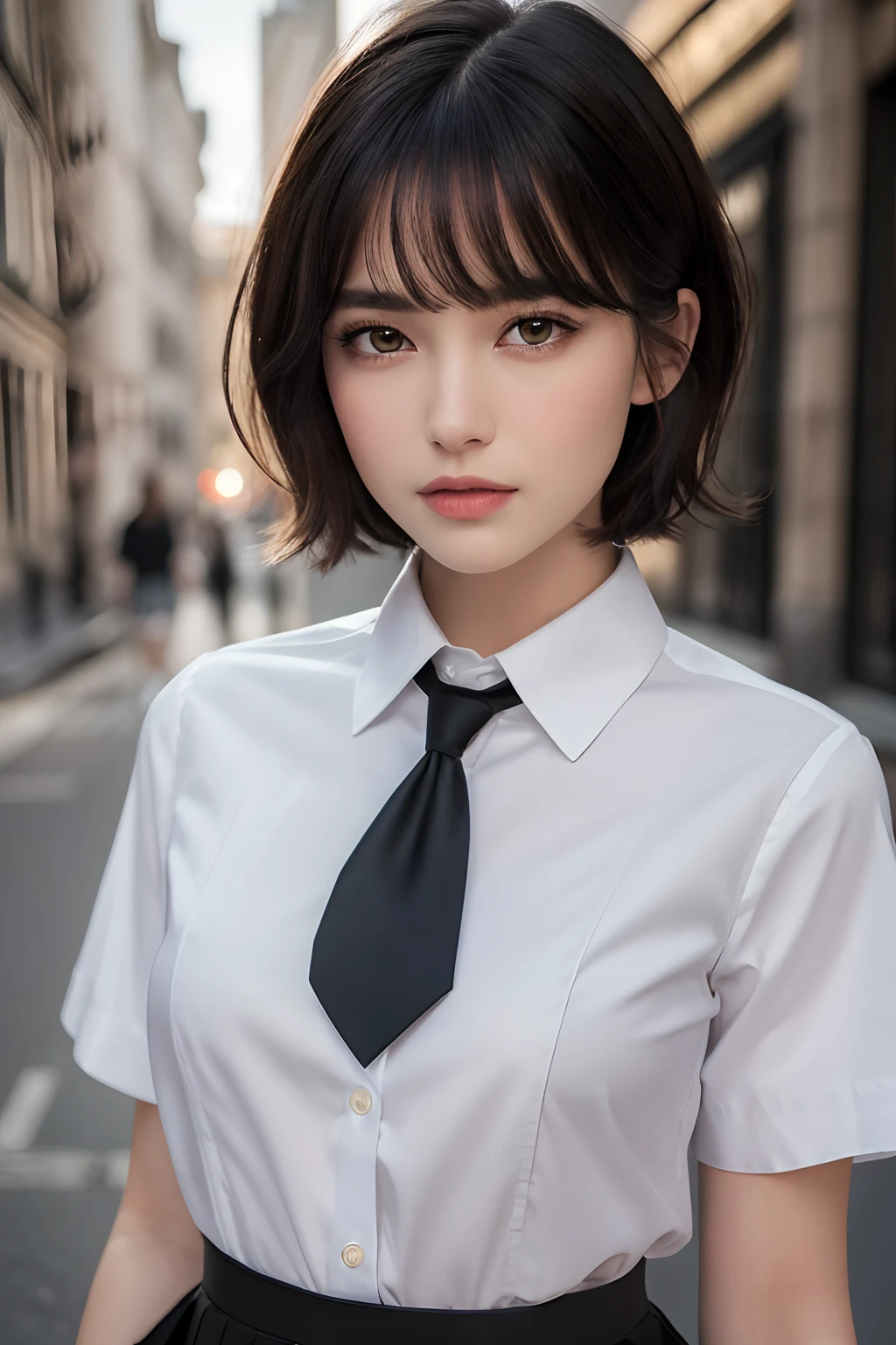 (masterpiece:1.3), (8k, photorealistic, RAW photo, best quality: 1.4), (1girl), beautiful face, (realistic face), (black hair, short hair:1.3), beautiful hairstyle, (realistic eyes), beautiful detailed eyes, long eyelashes, (realistic skin), beautiful skin, [medium breasts:0.2], (perfect body:1.3), (detailed body:1.2), (necktie), (collared shirt, pleated skirt:1.3), absurdres, attractive, ultra high res, ultra realistic, highly detailed, soft lightning, golden ratio,