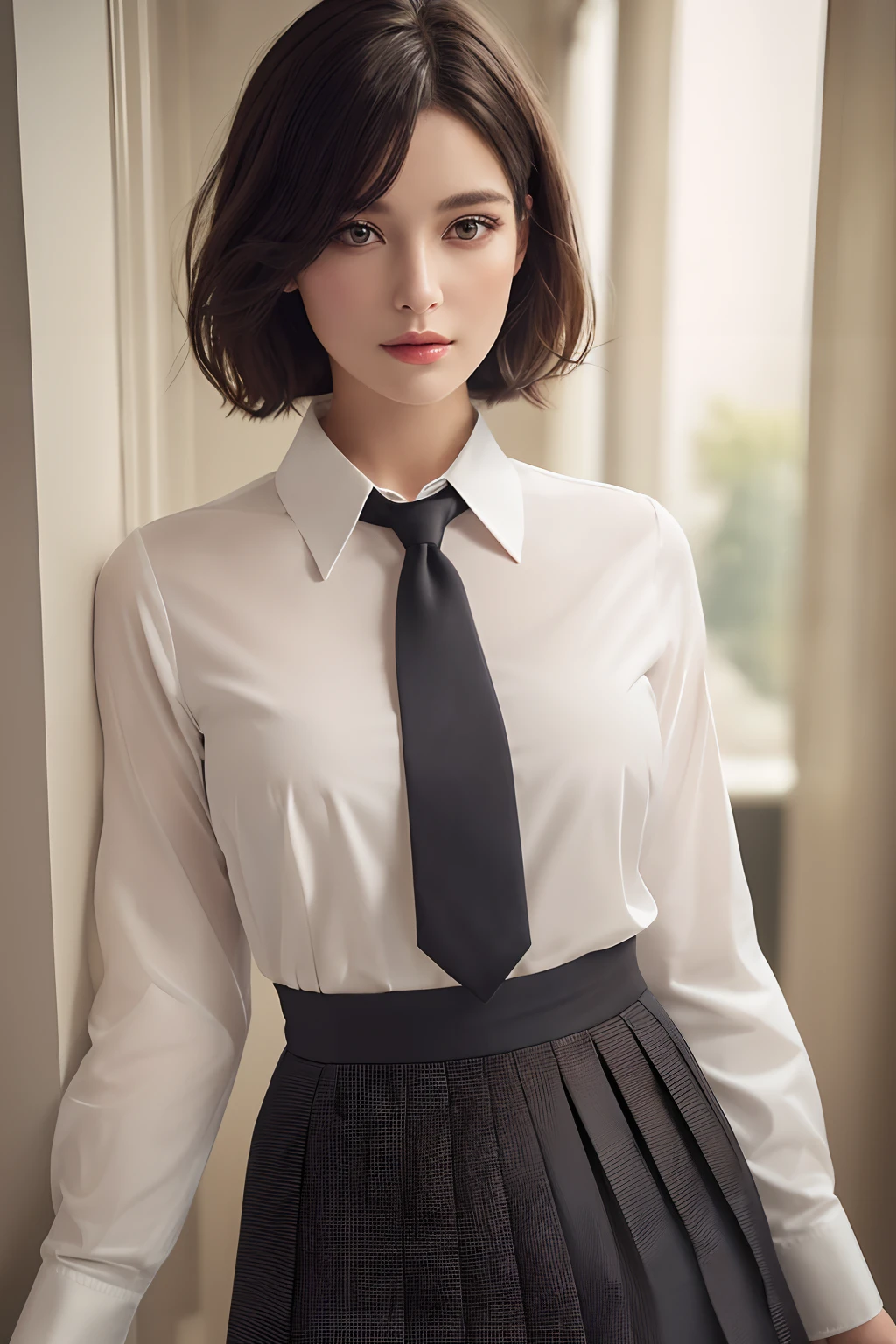 (​masterpiece:1.3), (8k, Photorealsitic, RAW Photography, Top image quality: 1.4), (1girl in), beauitful face, (lifelike face), (A dark-haired, short-hair:1.3), Beautiful hairstyle, (realisticeyes), beautiful finely detailed eyes, long eyeslashes, (real looking skin), Beautiful skin, [middlebreast:0.2], (the perfect body:1.3), (Detail Body:1.2), (neck tie), (shirt with collar、pleatedskirt:1.3), absurderes, enticing, 超A high resolution, A hyper-realistic, High Detail, Soft lightning、the golden ratio、beautiful model