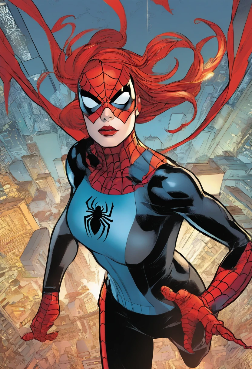 marvel conic panel, teenage girl, fair pale skin, grey blue eyes, black shoulder length hair, long lashes, black and red spiderman suit, eyeliner, red lips