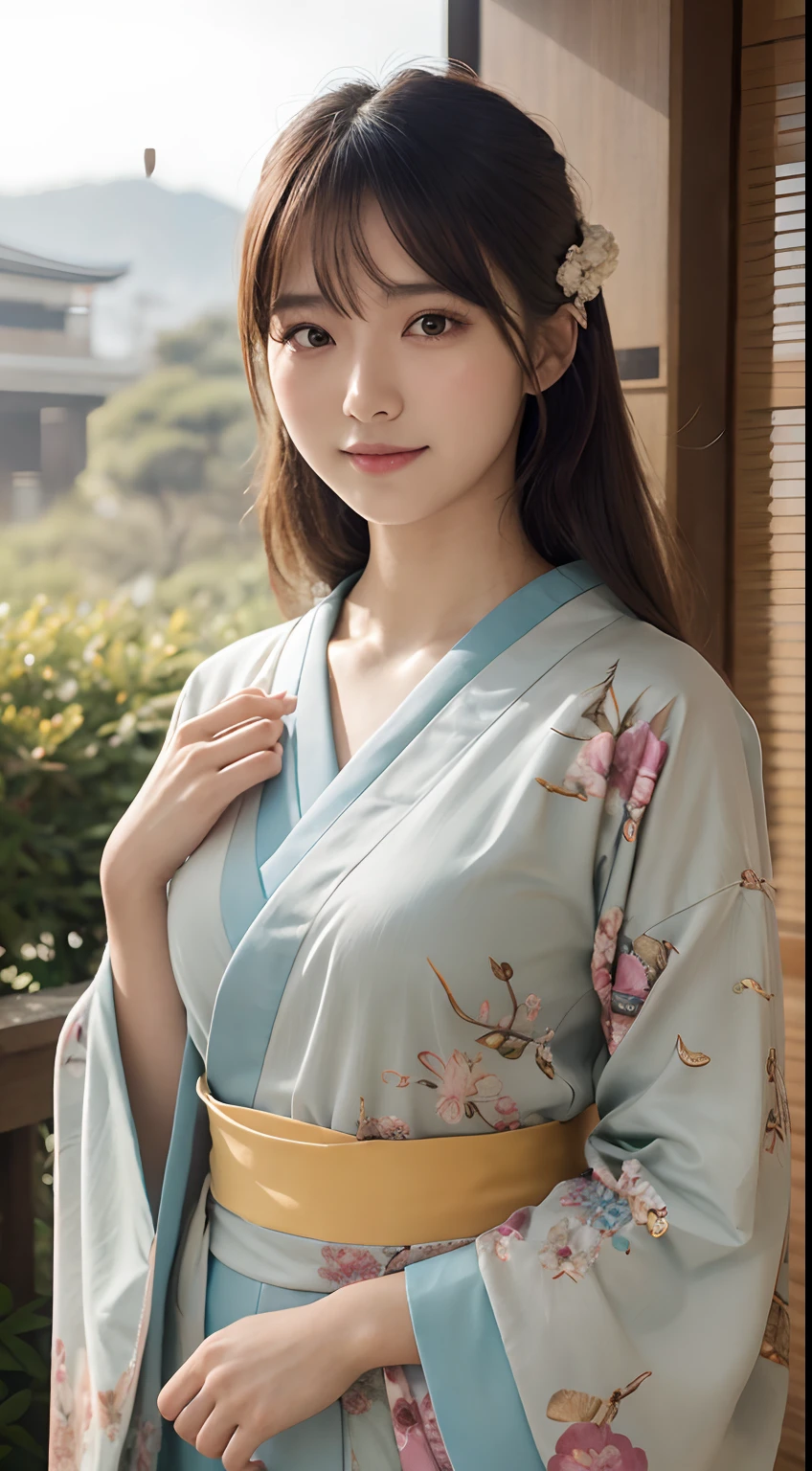 (Photorealsitic:1.4), (Top image quality:1.0), (超A high resolution:1.0), 8K, Raw photography, (masterpiece:0.2), (pureerosface_v1:0.5)、(Best Quality Detail:1.2)、realisitic、8K UHD、hight resolution、(1girl in:1.2)、The ultra-detailliert、High quality textures、intricate detailes、detaileds、Very detailed CG、High quality shadows、Detail Beautiful delicate face、Detail Beautiful delicate eyes、depth of fields、Ray traching,1girl in, japanaese girl, Cute, slender, Black kimono, Kimono with Japanese pattern,Floral scrunchie, Beautiful skin, Facing the front,Sit down, Sit upright and say thank you,Align your hands elegantly,Smile faintly The Land of Japan,Japanese garden,Luxury Japanese-style room, skyporn, Magic Hour, (Realistic:1.3), Finely detailed, quality, (masutepiece:1.2), (Photorealistic:1.2), (Best Quality), (Intricate details), Dramatic, Ray tracing, photograph, +Lola
