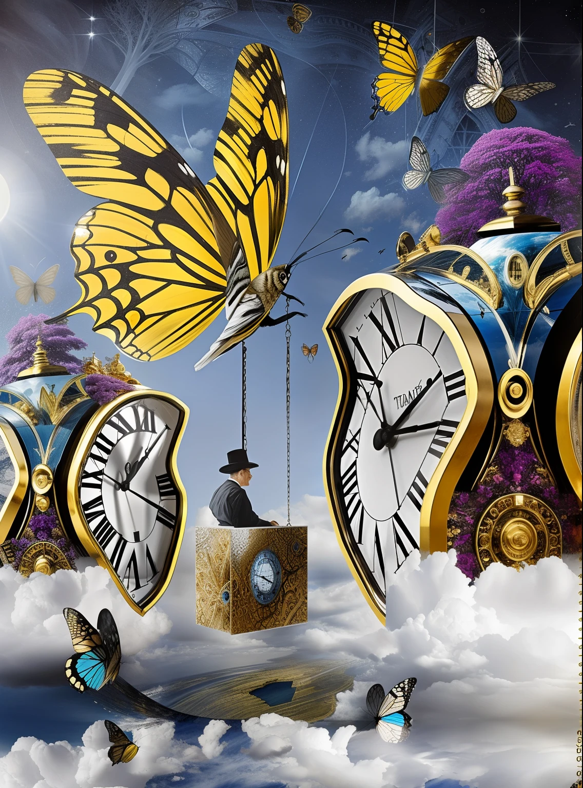There's a lot of clocks that are flying in the sky with a butterfly, Michael Cavalo (Motor irreal, Surrealismo caprichoso, Cyril Rolando e M. w kaluta |, Cyril Rolando e M.w kaluta |, Viaje no Tempo, Arte digital surrealista, Voando no tempo, magically shaped surrealism, Arte surreal e fantasiosa, dreamlike surrealism, viajantes do tempo