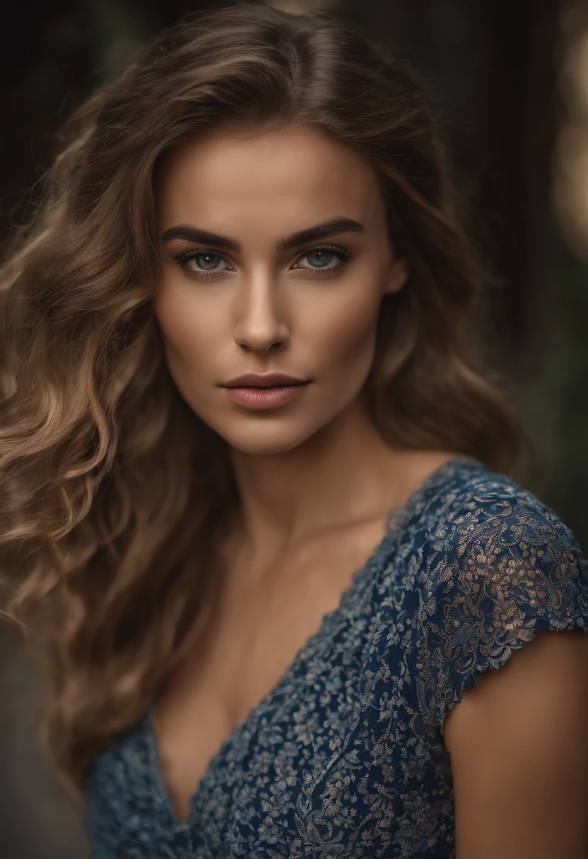 Please generate an image of a young woman wearing a t shirt and a necklace. She has brown hair, big, blue eyes, and a subtle, natural makeup look. The selfie should show her without visible makeup, and she should be looking directly into the camera. The face should appear realistically natural. The full-body shot of this attractive woman should feature a striking pose, and she has piercing blue eyes. The girl has a sweet demeanor, and the pose should also be sweet. Please ensure that the entire body of the woman is visible in the image. The background should be clear and uncluttered. The details of the image should be of high quality