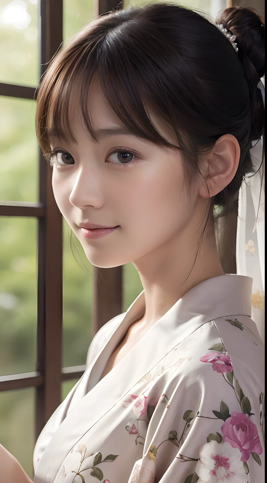 (Photorealsitic:1.4), (Top image quality:1.0), (超A high resolution:1.0), 8K, Raw photography, (​masterpiece:0.2), (pureerosface_v1:0.5)、(Best Quality Detail:1.2)、realisitic、8K UHD、hight resolution、(1girl in:1.2)、The ultra-detailliert、High quality textures、intricate detailes、detaileds、Very detailed CG、High quality shadows、Detail Beautiful delicate face、Detail Beautiful delicate eyes、depth of fields、Ray traching,1girl in, japanaese girl, Cute, slender, Elegant kimono,Floral scrunchie, Beautiful skin, Poses in motion,Smile faintly The Land of Japan,Japanese garden,Luxury Japanese-style room, skyporn, Magic Hour, (Realistic:1.3), Finely detailed, quality, (masutepiece:1.2), (Photorealistic:1.2), (Best Quality), (Intricate details), Dramatic, Ray tracing, photograph, +Lola