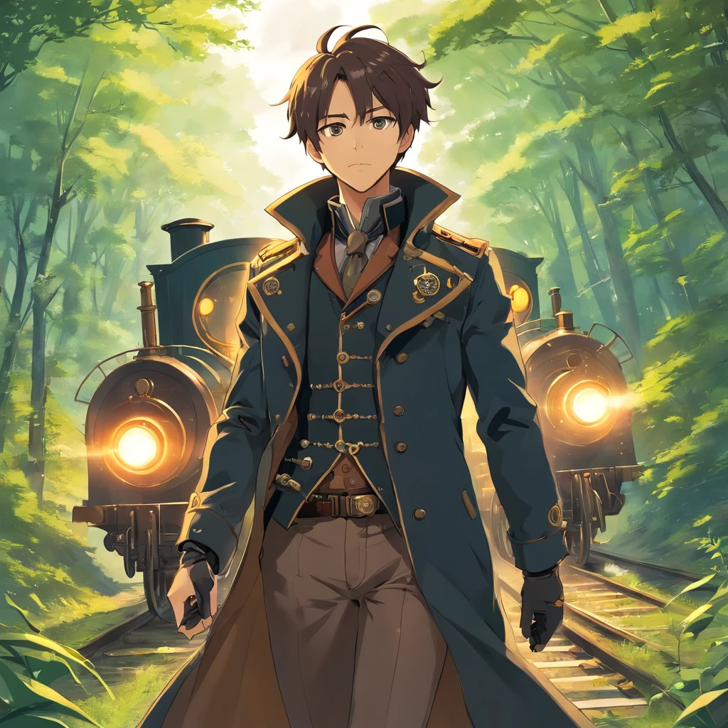 Steampunk Wanderer: Illustrate the man as a steampunk traveller, wearing black military coat. mechanized landscape with steam-powered. steam powered train, forest