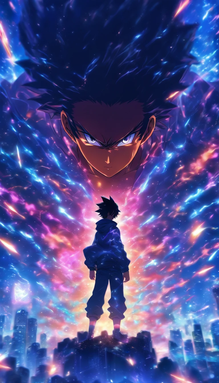 /imagine prompt: A young man, Faced with a massive black model of an algorithm with a mysterious glow and immense power, ,), Best Quality, Masterpiece, super detaill, High Details, makoto sinkai ,In the style of the stars of the Xing Xing art group, --niji 5"