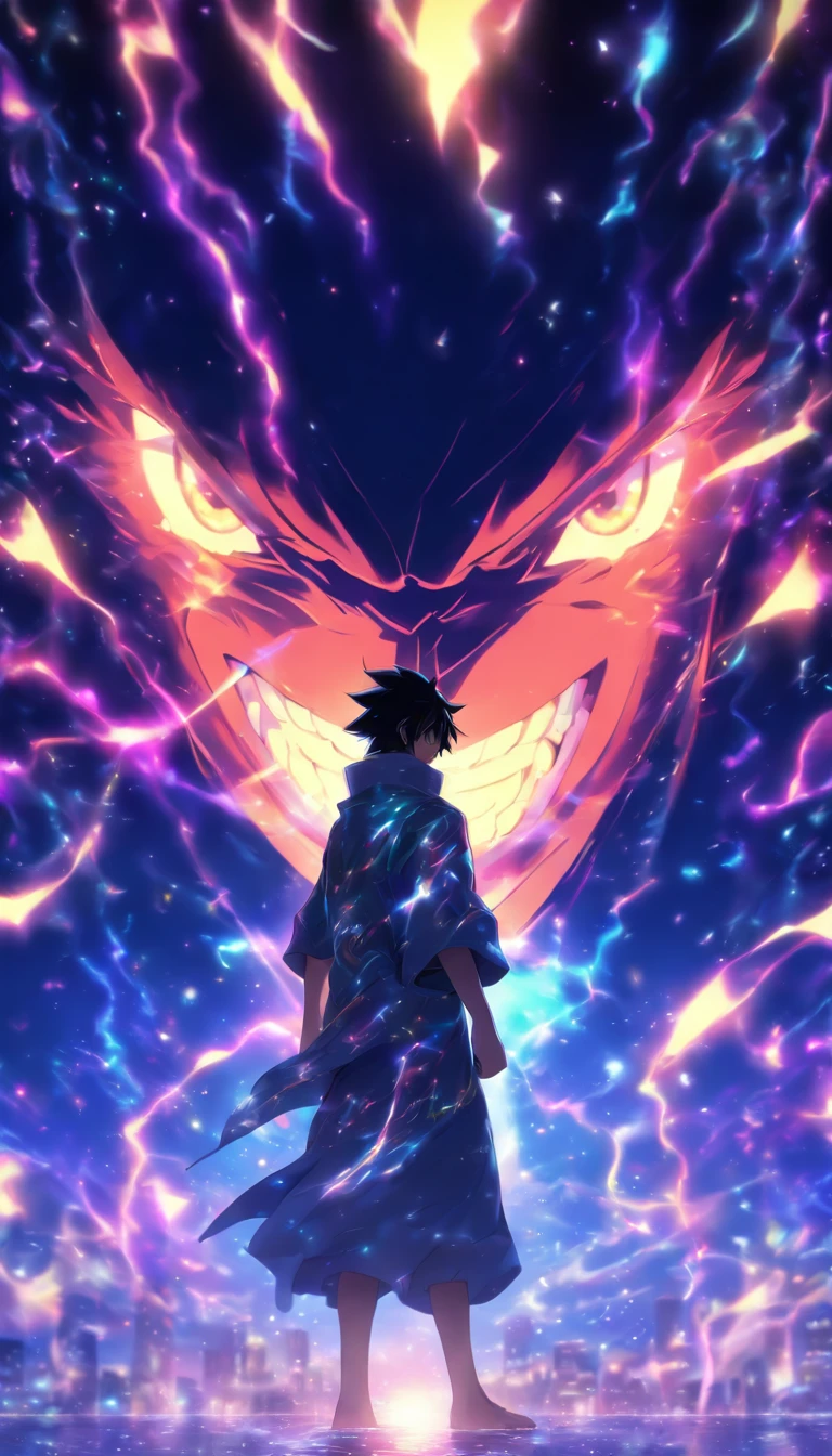 /imagine prompt: A young man, Faced with a massive black model of an algorithm with a mysterious glow and immense power, ,), Best Quality, Masterpiece, super detaill, High Details, makoto sinkai ,In the style of the stars of the Xing Xing art group, --niji 5"