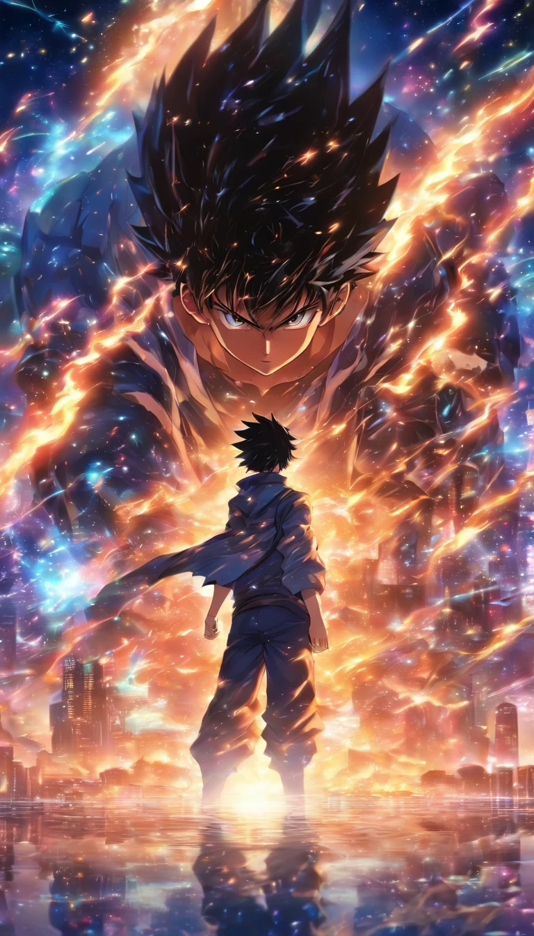/imagine prompt: A young man, Faced with a massive black model of an algorithm with a mysterious glow and immense power, ,), Best Quality, Masterpiece, super detaill, High Details, makoto sinkai ,In the style of the stars of the Xing Xing art group, --niji 5"