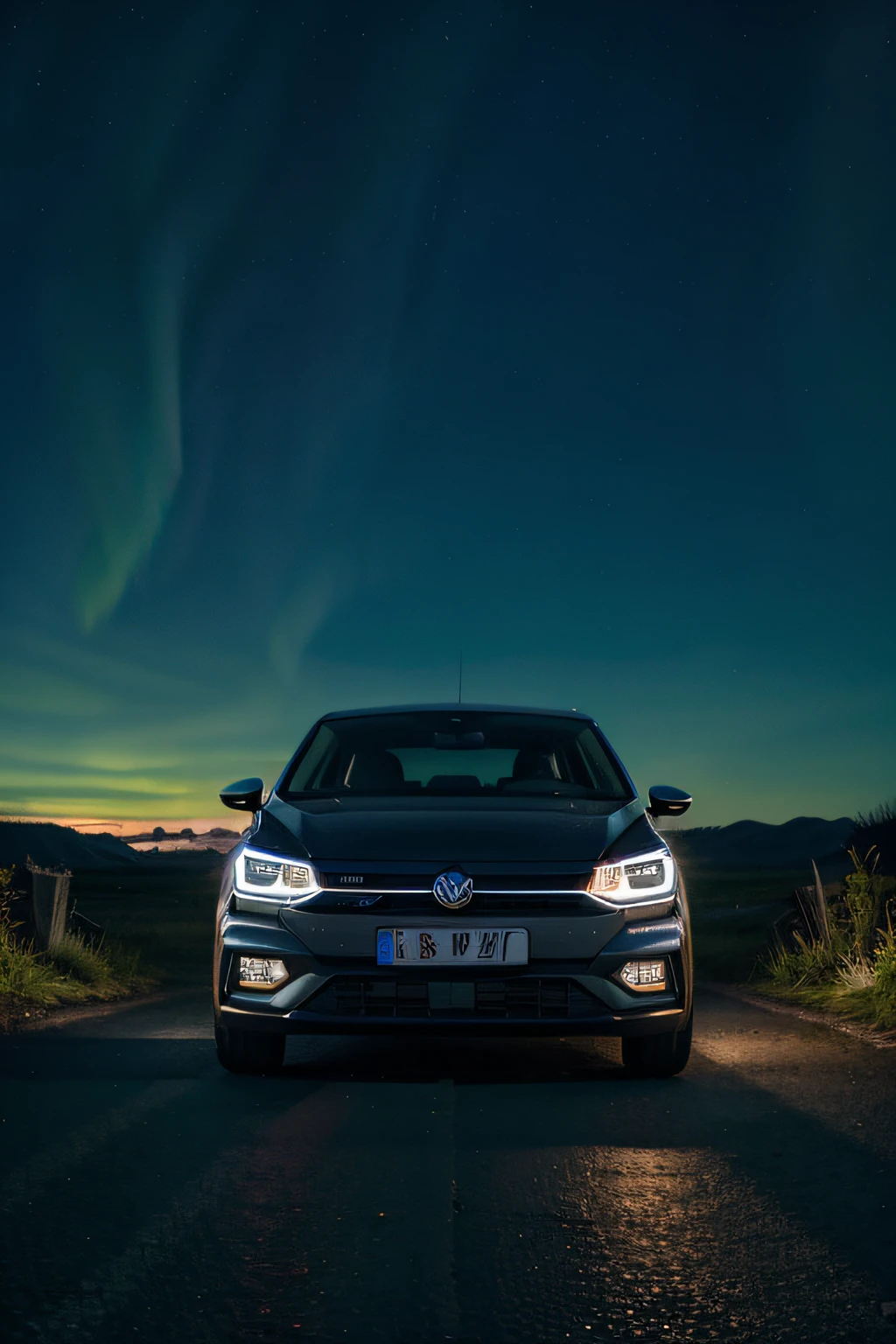 Volkswagen Polo 2023 on a night road with starry sky, aurora boreal, cores e realismo