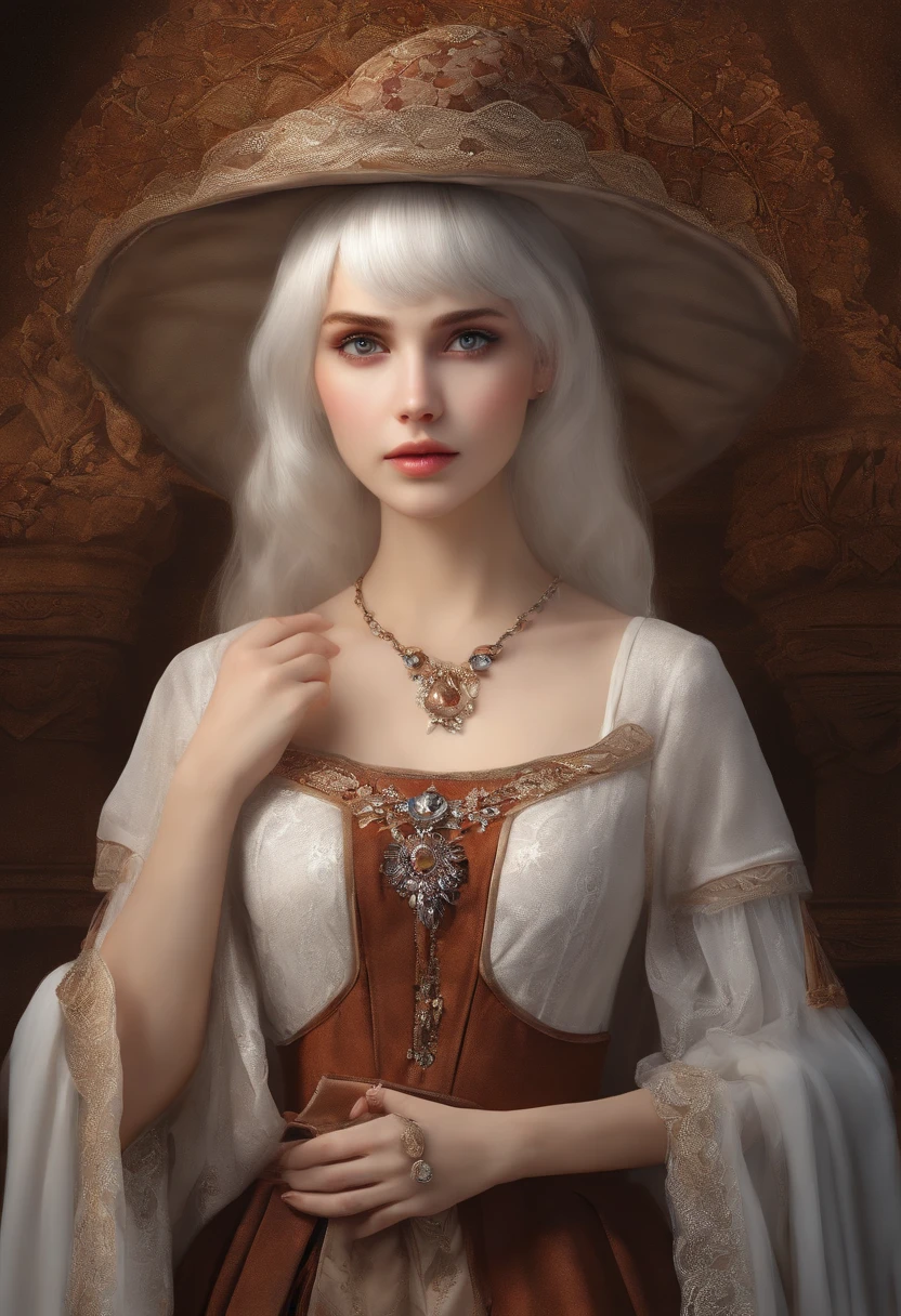 (masterpiece), (work of art), (amazing work), (detailed eyes), (delicate skin), (heterochromatic eyes), (multicolored), (short white hair with bangs), (sparkling eyes), (1girl) with witch's hat, ancient, old, wearing extravagant medieval clothes, masterpiece, best quality, best desinger, best illustration