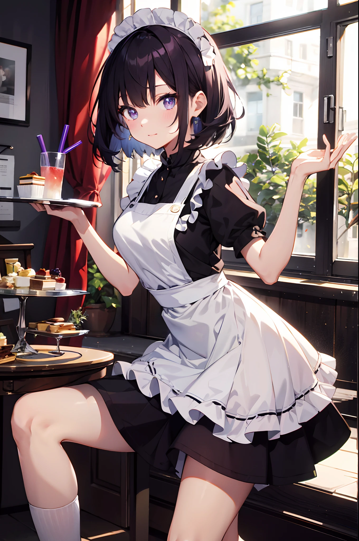 (masuter piece、Best Quality、Detailed、8K, 4K, Illustration、hight resolution、Detailed beautiful eyes:1.2)、cowboy shot、foco nítido、Evening glow、beauitful face、Sharp pupils、Modern Hall、18 year old beautiful girl、A slender、shinny skin、bob cuts、Beautiful dark purple hair、Purple eyes、inside in room、Apron Dresses、Maid costume、knee sox、I can see the white panties、Have a tray、Trays are filled with drinks and cakes