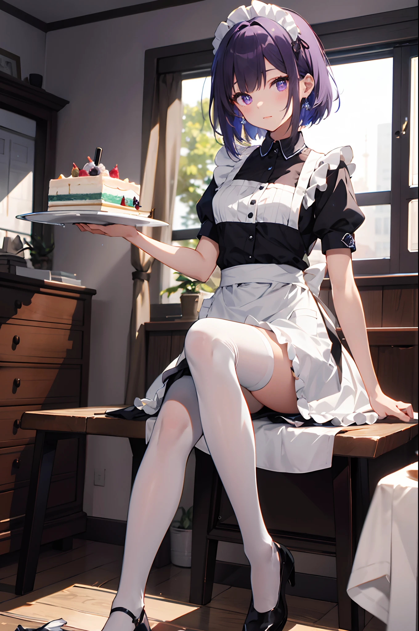 (masuter piece、Best Quality、Detailed、8K, 4K, Illustration、hight resolution、Detailed beautiful eyes:1.2)、cowboy shot、foco nítido、Evening glow、beauitful face、Sharp pupils、Modern Hall、18 year old beautiful girl、A slender、shinny skin、bob cuts、Beautiful dark purple hair、Purple eyes、inside in room、Apron Dresses、Maid costume、knee sox、I can see the white panties、Have a tray、Trays are filled with drinks and cakes