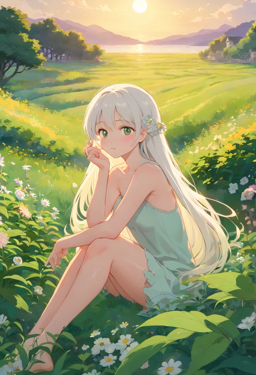 (chef-d'artwork,best quality),1 girl with long white hair lying half naked in a field of greenery and flowers,warmly lit,premier plan flou