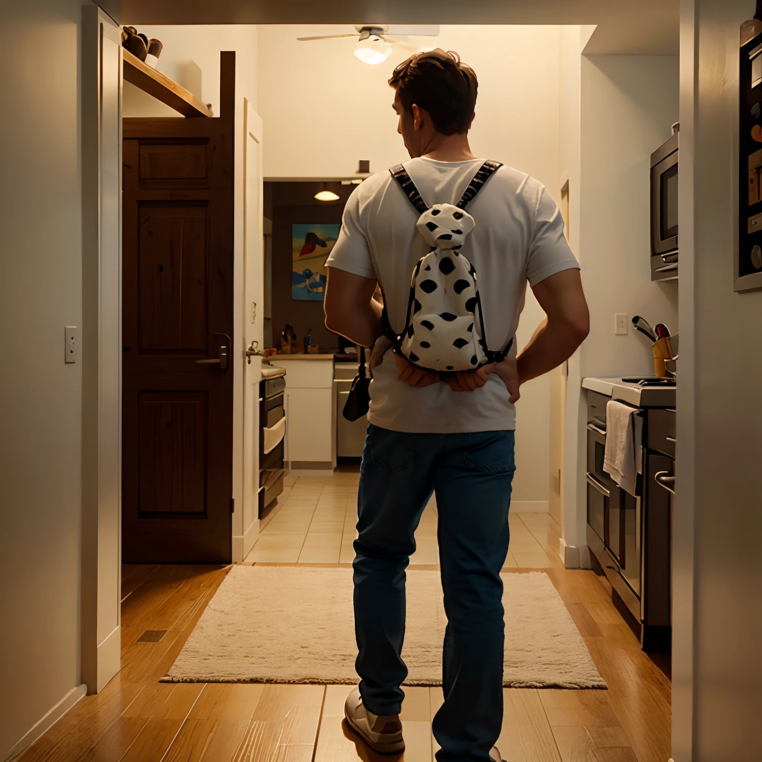 Disney pixar art style with a dad leaving to buy milk