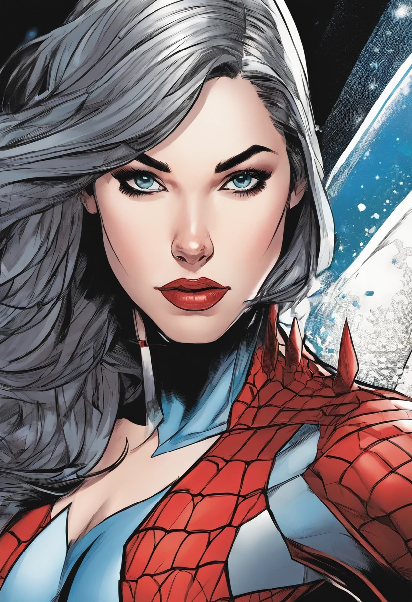 marvel conic panel, age girl, fair pale skin, grey blue eyes, black shoulder length hair, long lashes, black and red spiderman suit, eyeliner, red lips