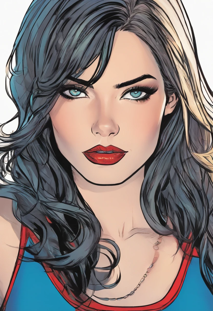 marvel conic panel, teenage girl, fair pale skin, grey blue eyes, black shoulder length hair, long lashes, black and red spiderman suit, eyeliner, red lips
