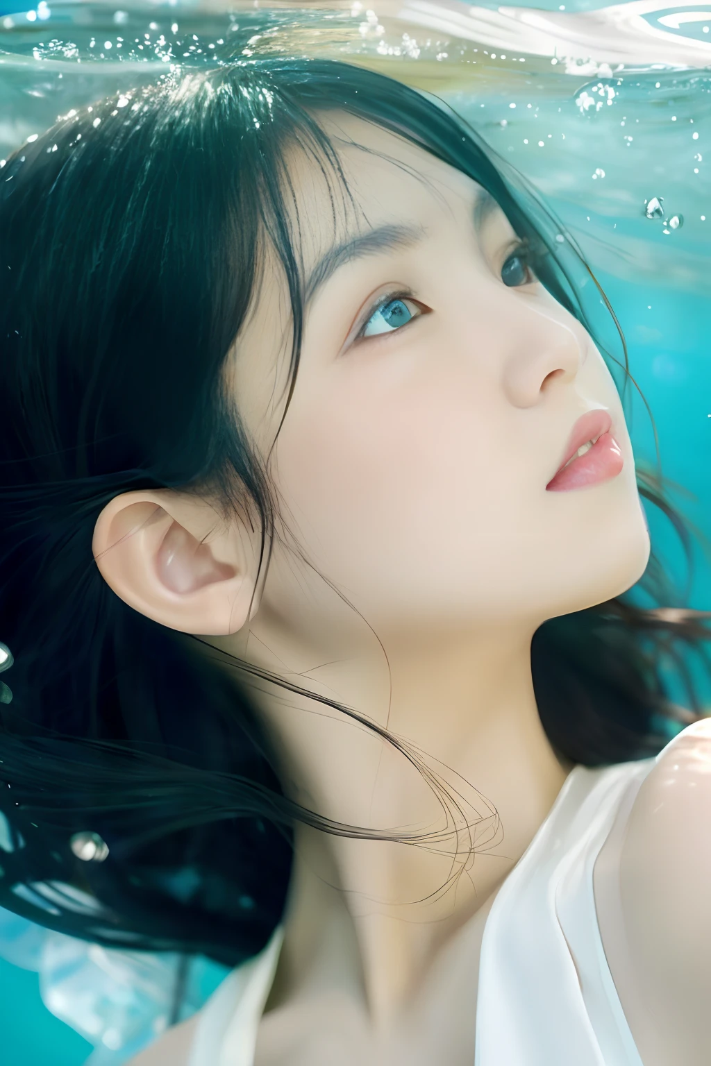 (Hyper realistic) , side profile, extremely beautiful korean young woman, (green eyes) , (black hair) , white dres, under water, closeup photo, angelical bright, juicy lips, asiatic ager, (delicate ilustration)