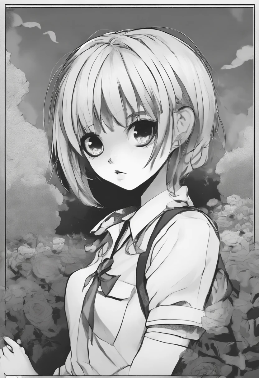 1 zombie girl, zombie girl, zombie, school uniform, greyscale, monochrome, halftone, drawing, manga, black and white, curly short hair, black eyes, no smile, no face expression, staring at the viewer, creppy, heart shaped lips, ghost girl, full body, distant view, zombie