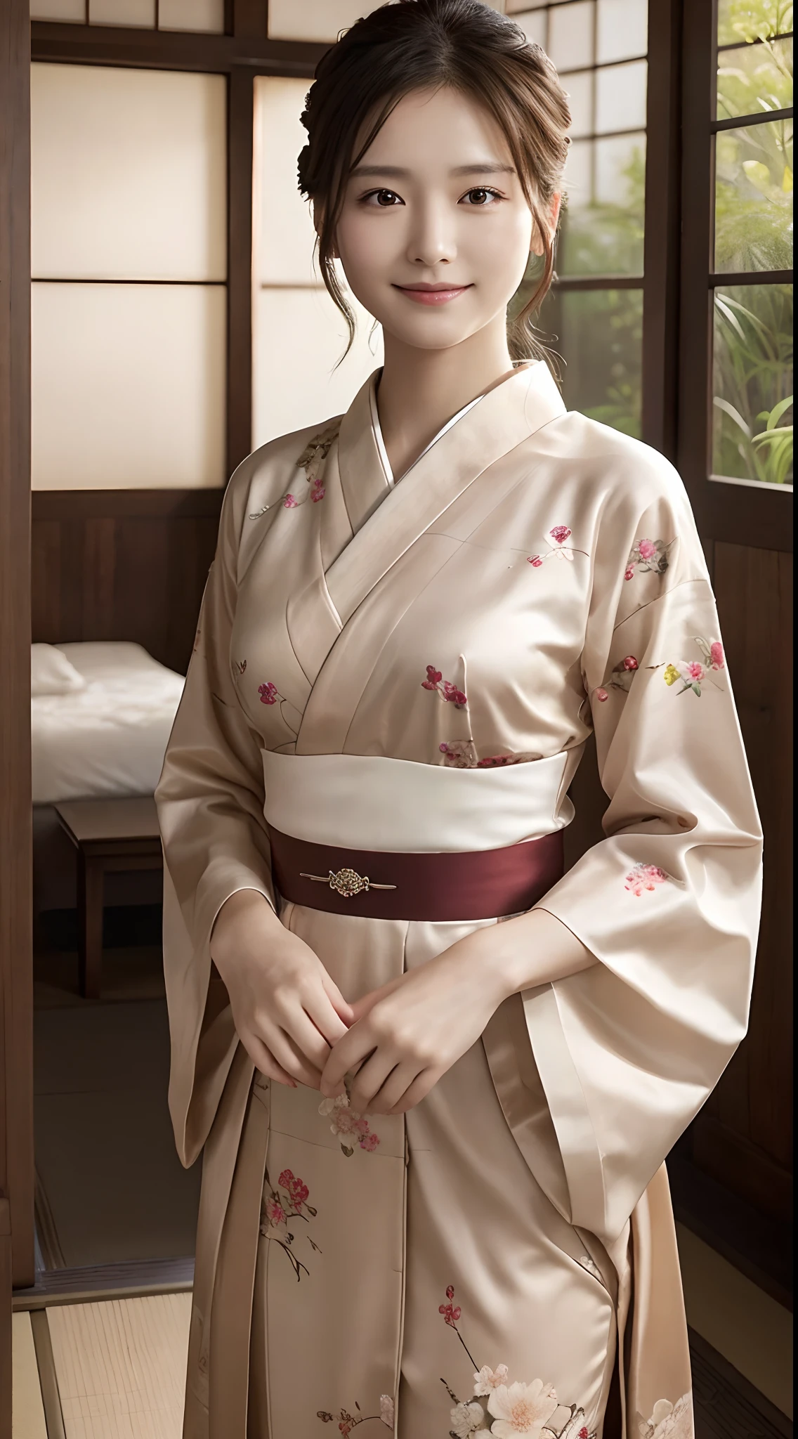 ((masterpiece, Highest quality)), elegant, Dignified and beautiful mature woman sitting in kimono、44 years old、Classy makeup、maternal、Sitting, RAW Photos, (8k、Highest quality、masterpiece:1.2)、(Intricate details:1.4)、(Photorealistic:1.4)、Octane Rendering、Complex 3D rendering with ultra-detail, Studio Soft Light, Rim Light, Vivid details, Super Detail, Realistic skin texture, Detailed aspect, Beautiful details in the eyes, Highly detailed CG Unity 16k wallpaper, compensate, (Detailed Background:1.2), Glowing Skin、