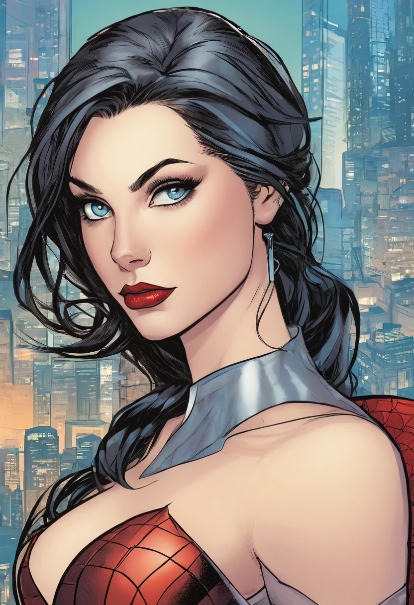 marvel conic panel, age girl, fair pale skin, grey blue eyes, black shoulder length hair, long lashes, black and red spiderman suit, eyeliner, red lips