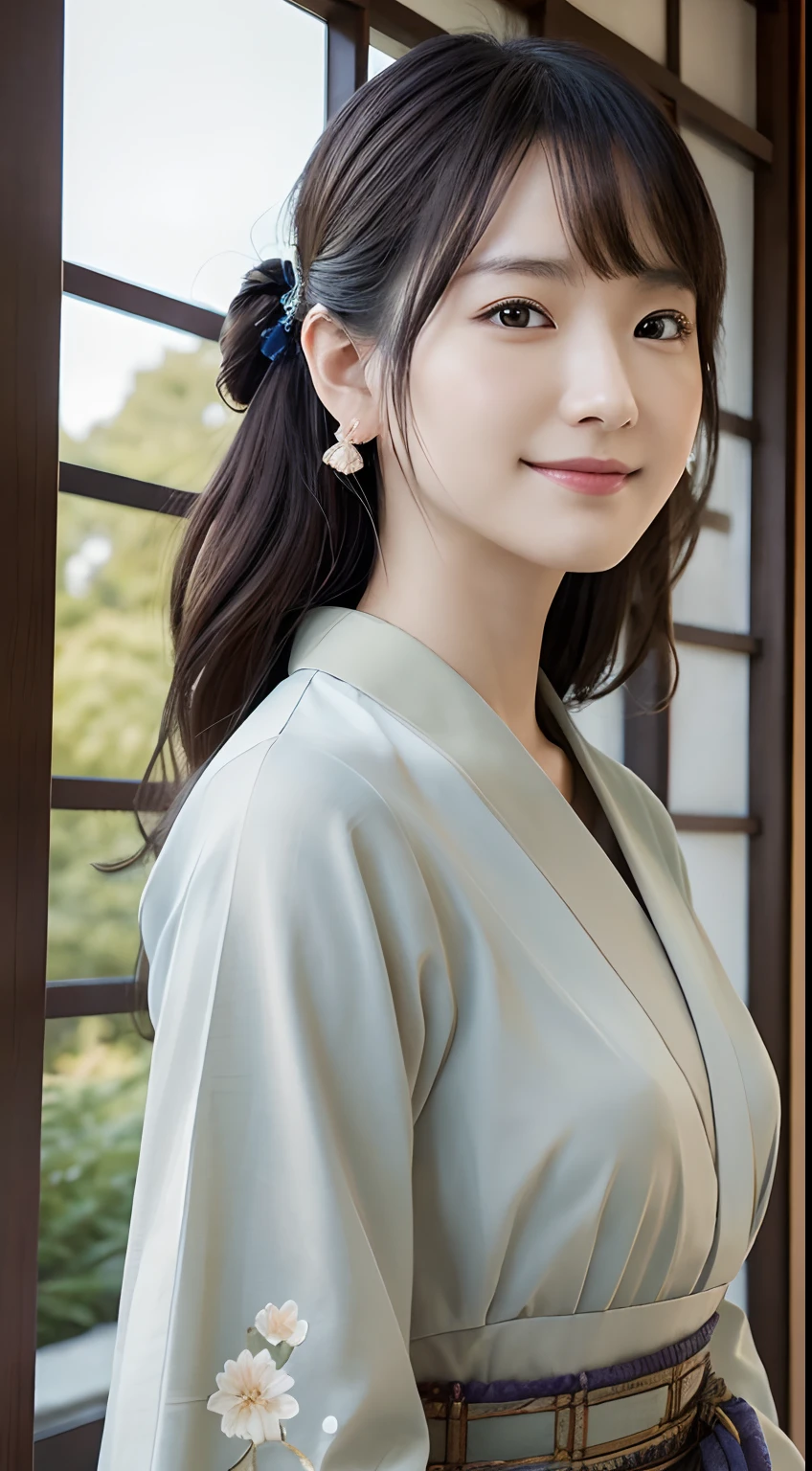 (Photorealsitic:1.4), (Top image quality:1.0), (超A high resolution:1.0), 8K, Raw photography, (masterpiece:0.2), (pureerosface_v1:0.5)、(Best Quality Detail:1.2)、realisitic、8K UHD、hight resolution、(1girl in:1.2)、The ultra-detailliert、High quality textures、intricate detailes、detaileds、Very detailed CG、High quality shadows、Detail Beautiful delicate face、Detail Beautiful delicate eyes、depth of fields、Ray traching,1girl in, japanaese girl, Cute, slender, Checkered kimono,Floral scrunchie, Beautiful skin, Facing the front,, Stand upright and say thank you,Align your hands elegantly,Smile faintly The Land of Japan,Japanese garden,Luxury Japanese-style room, skyporn, Magic Hour, (Realistic:1.3), Finely detailed, quality, (masutepiece:1.2), (Photorealistic:1.2), (Best Quality), (Intricate details), Dramatic, Ray tracing, photograph, +Lola