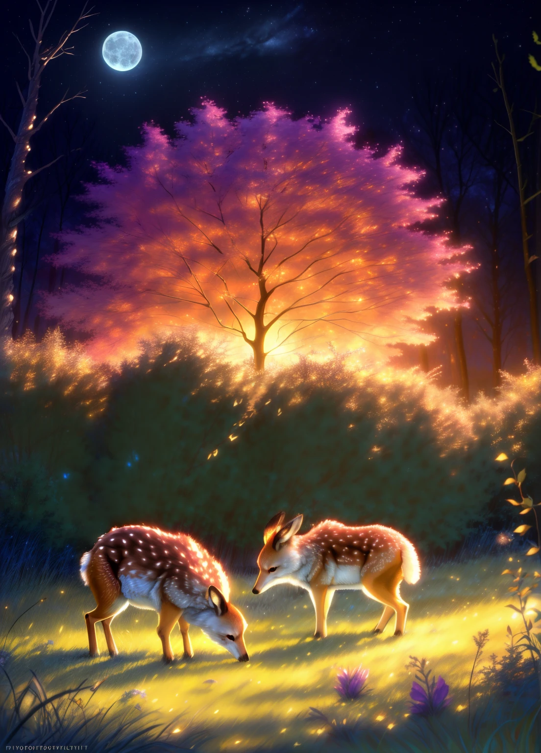 (best quality,4k,8k,highres,masterpiece:1.2),ultra-detailed,(realistic,photorealistic,photo-realistic:1.37),Enchanted forest, illuminated by the soft moonlight,playful foxes,graceful fawns,adorable cubs,wise owls,cute bunnies,prickly hedgehogs gather under the celestial beauty,portraits,landscape,photography,vivid colors,warm tones,soft lighting,peaceful ambiance