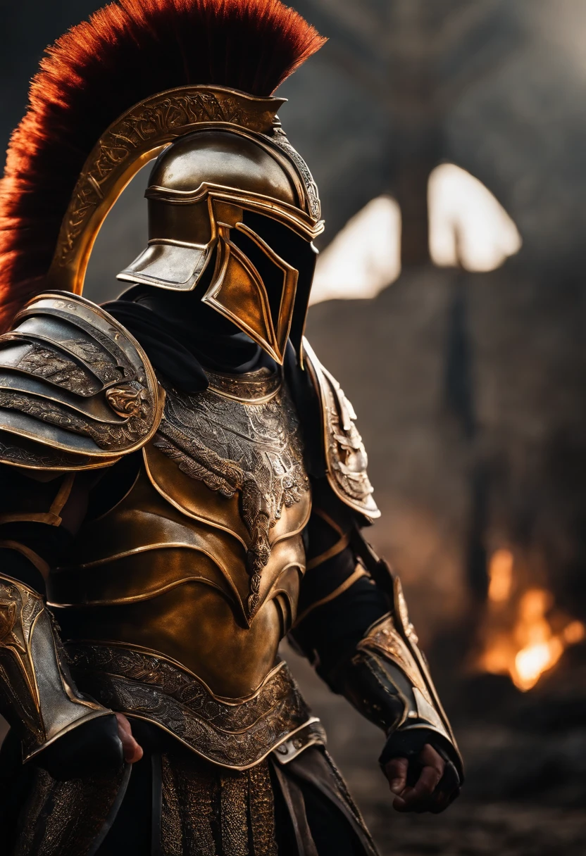 spartan warrior, fighting , stunning armor, black gold armor, epic, 8k