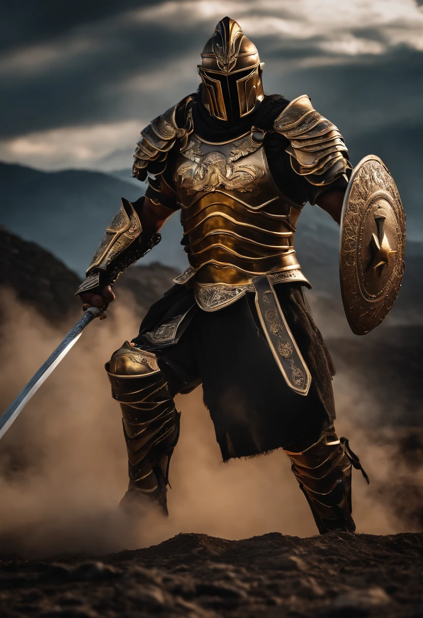 spartan warrior, fighting , stunning armor, black gold armor, epic, 8k