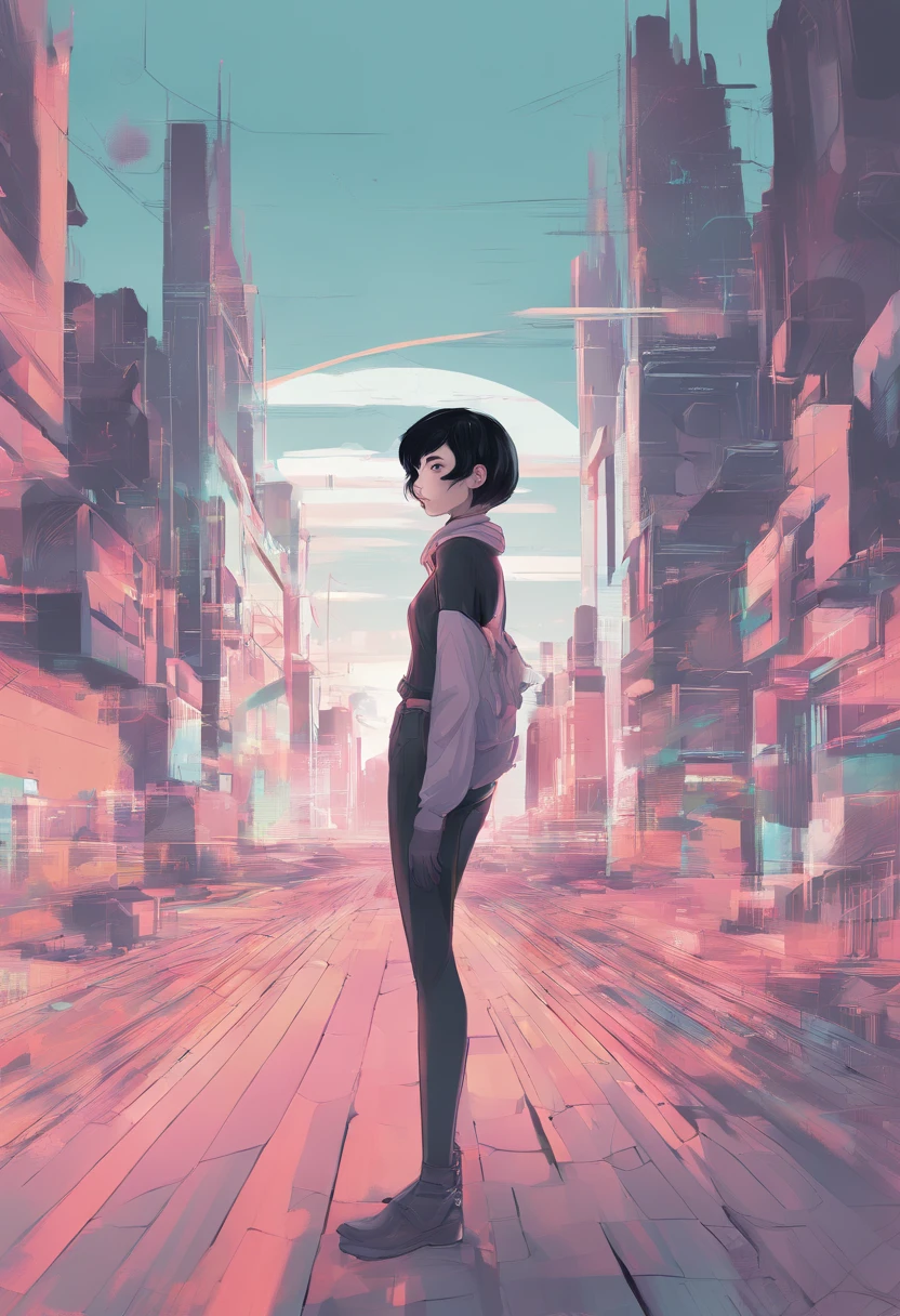 Girl with short black hair, interaction, Poster illustration, Gradient color, Soft color palette, Hierarchical form, simplebackground, Spatial perspective is correct, large panorama, structurally correct, Depth of field, f/1.8, Best quality