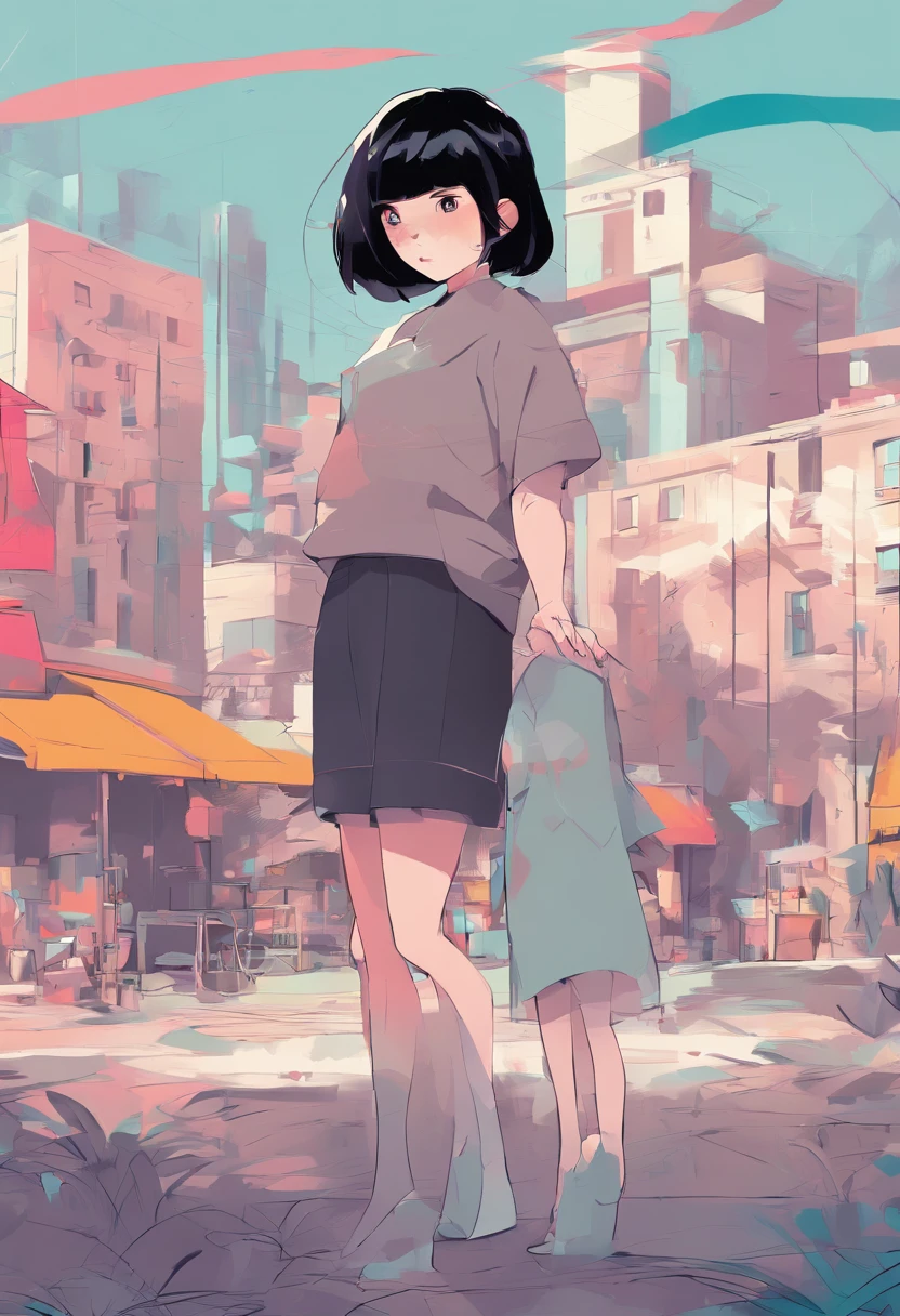 Girl with short black hair, interaction, Poster illustration, Gradient color, Soft color palette, Hierarchical form, simplebackground, Spatial perspective is correct, large panorama, structurally correct, Depth of field, f/1.8, Best quality