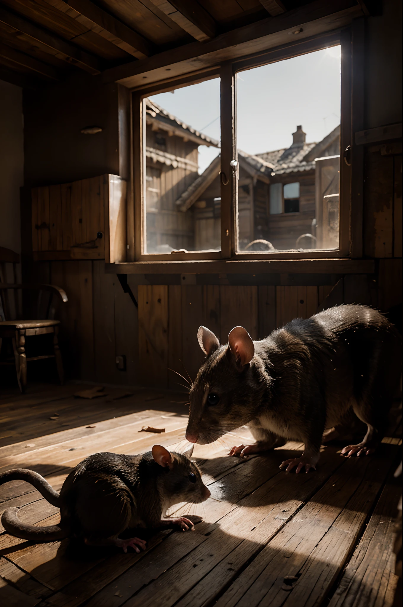a rat trapped in a wooden ratoeira,old wooden ratoeira with cheese,desperate rat trying to escape,fearful rat facing danger,shadows of the ratoeira on the wall,faint moonlight through the window,cracks in the wooden floor,broken pieces of cheese on the ground,best quality,realistic,low light,gritty texture,old and worn-out,rustic,contrast of light and shadow,dramatic composition,limited color palette,subtle focus on the rat's eyes,barely visible dust particles in the air.