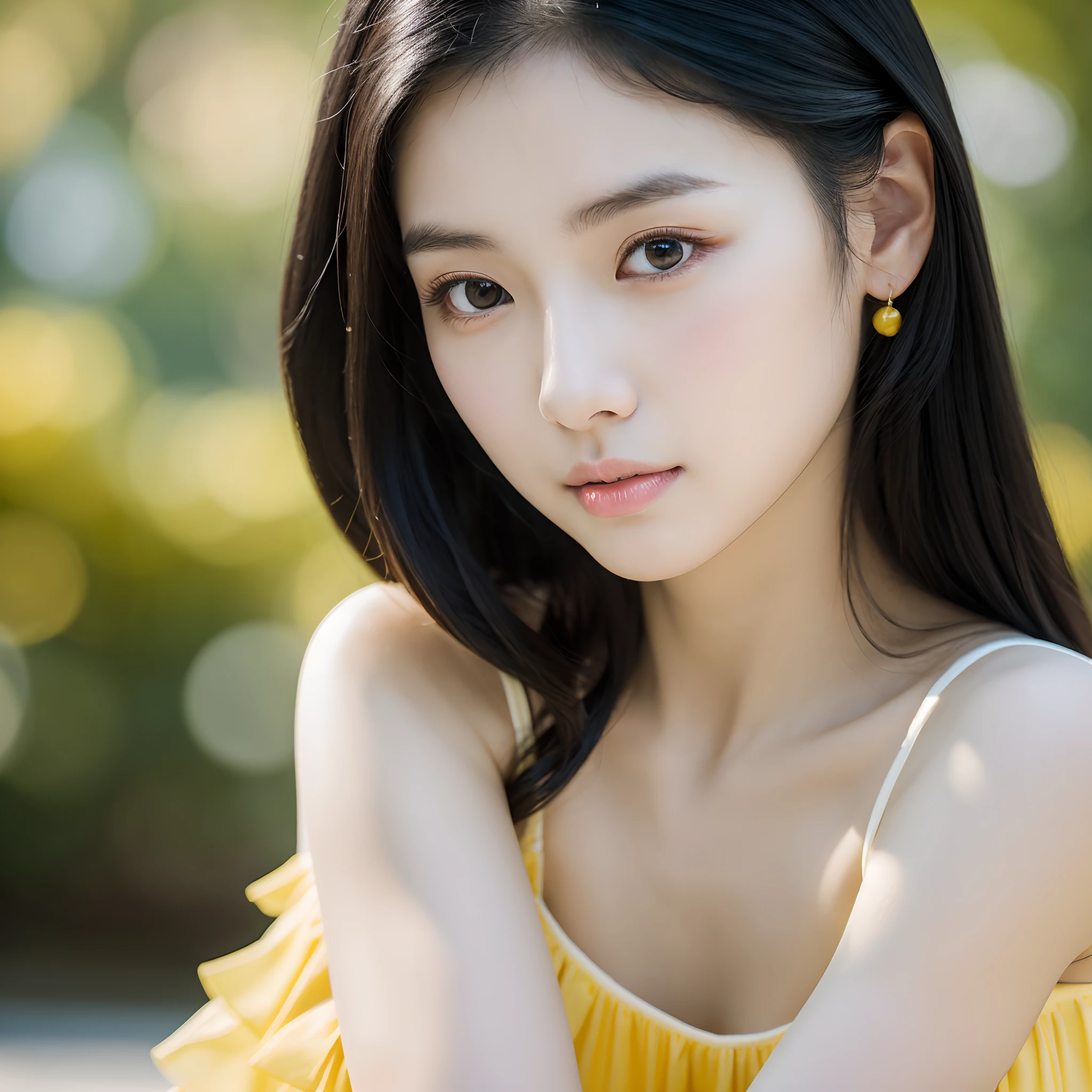 asian woman with long black hair and a yellow top, soft portrait shot 8 k, lovely delicate face, young adorable korean face, soft makeup, young cute wan asian face, pale milky white porcelain skin, 8k highly detailed face, captured on canon eos r 6, light makeup, beautiful delicate face, with professional makeup, [ 4 k photorealism ]!!