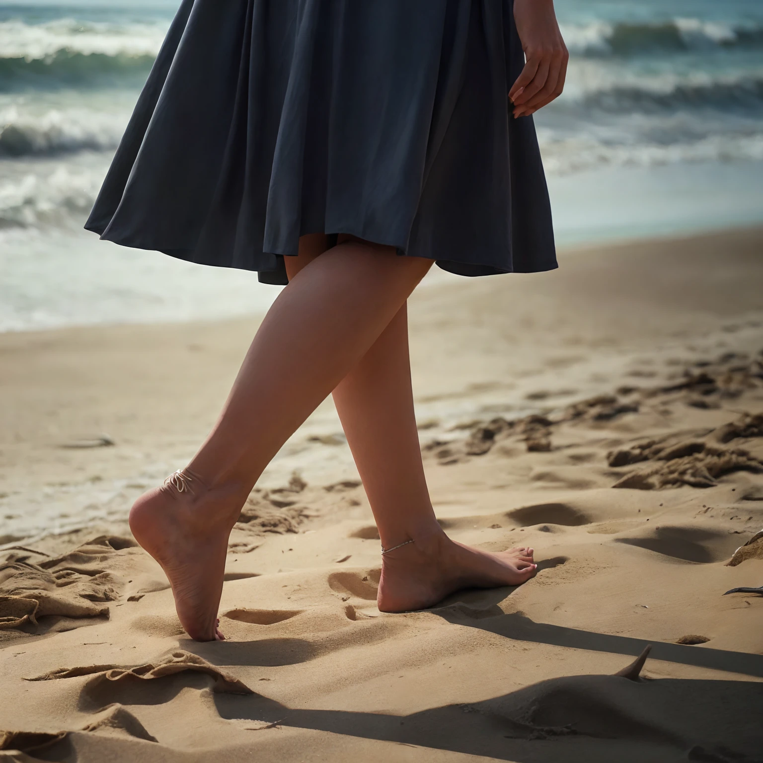 Realistic image of a woman walking on the beach barefoot in 1940, Caminhando na areia, Caminhando na praia, standing in sand, Standing on a beach, na areia, mulher na praia, barefoot, menina na praia, beautiful legs, pegadas na areia, perna bonita, pernas nuas, pernas elegantes, walking up the sandy beach, Directed by: Alexander Mann