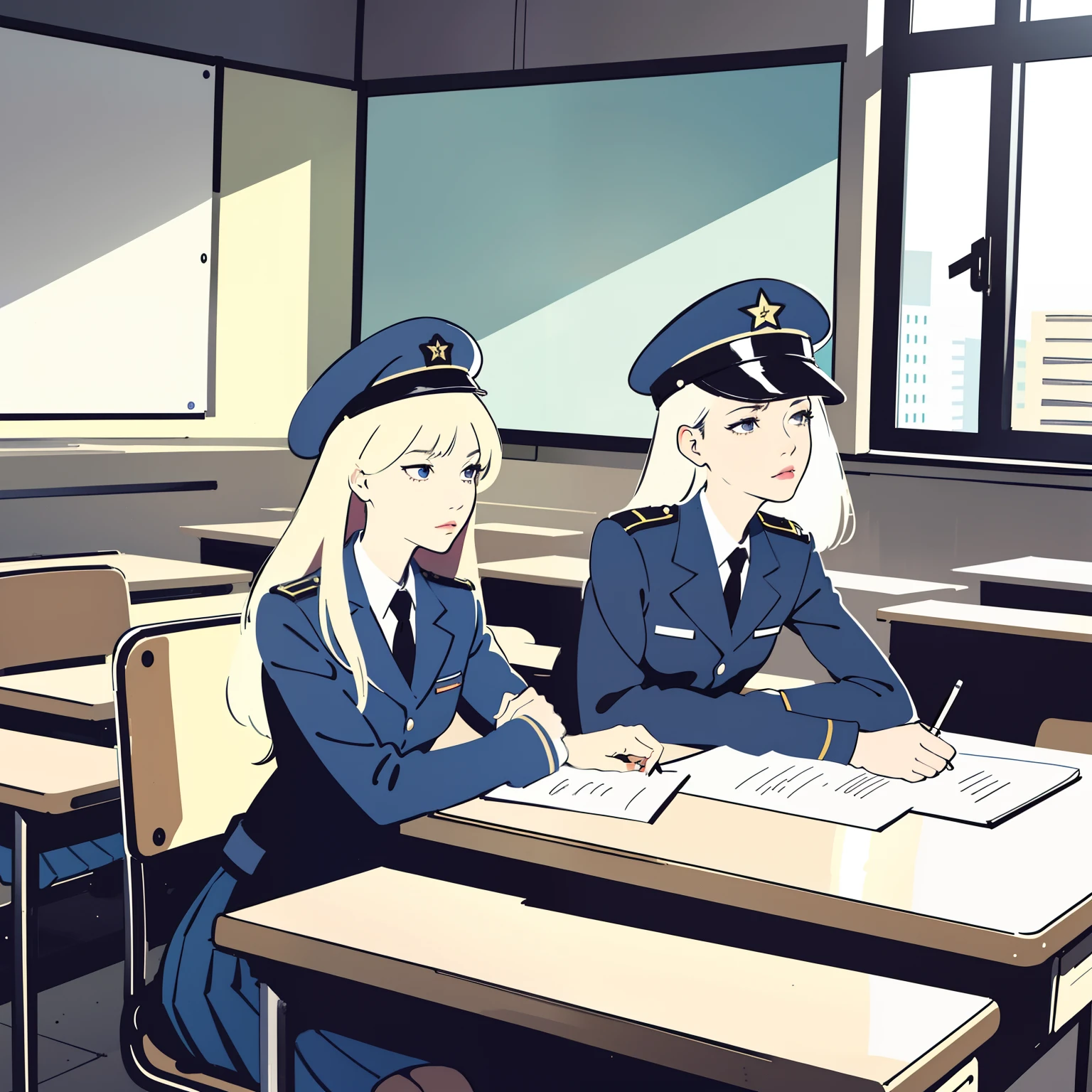 (masterpiece:1.2, best quality), 2girls, young teen, slim, (white military outfit), pleated skirt, military hat, space cadet, sitting by desk in classroom, put head on hand, eyes closed, futuristic, cosmos, watercolor