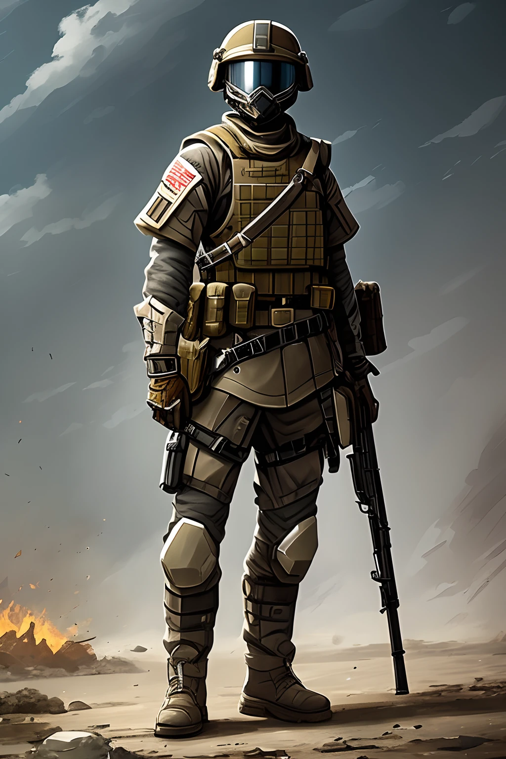 samdoesarts; an image of man with military gear, cargo pants, (intricate), (detailed), digital art, dynamic pose, in a battlefield