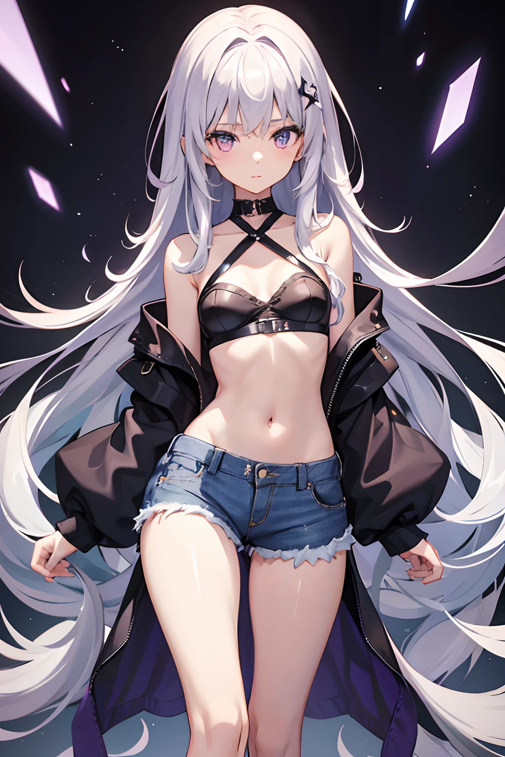 Girl 170cm, thin waist, purple eyes, long silver hair, medium hips, small breasts, jeans, top, no clothes