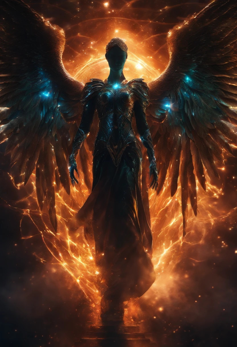 Cosmic Fallen Angel, glowing light eyes, Biomechanical, eerie, Creepy, nightmarish, Very bright colors, Light particles, with light glowing, Mshiv, wallpaper art, UHD wallpaper