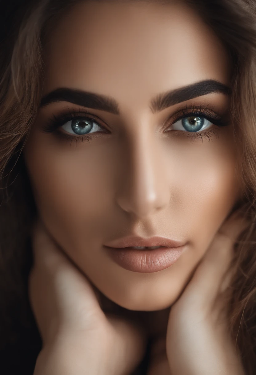 Femme , fille sexy aux yeux bruns, French, ultra realist, Meticulously detailed, cheveux bruns et grands yeux, selfie of a young woman, Dubai Eyes, sans maquillage, maquillage naturel, looking straight at camera, Visage avec, Maquillage subtil, Great photo of the whole body kneeling on the bed, dans la chambre, Medium to large bust, forte poitrine, bassin large.