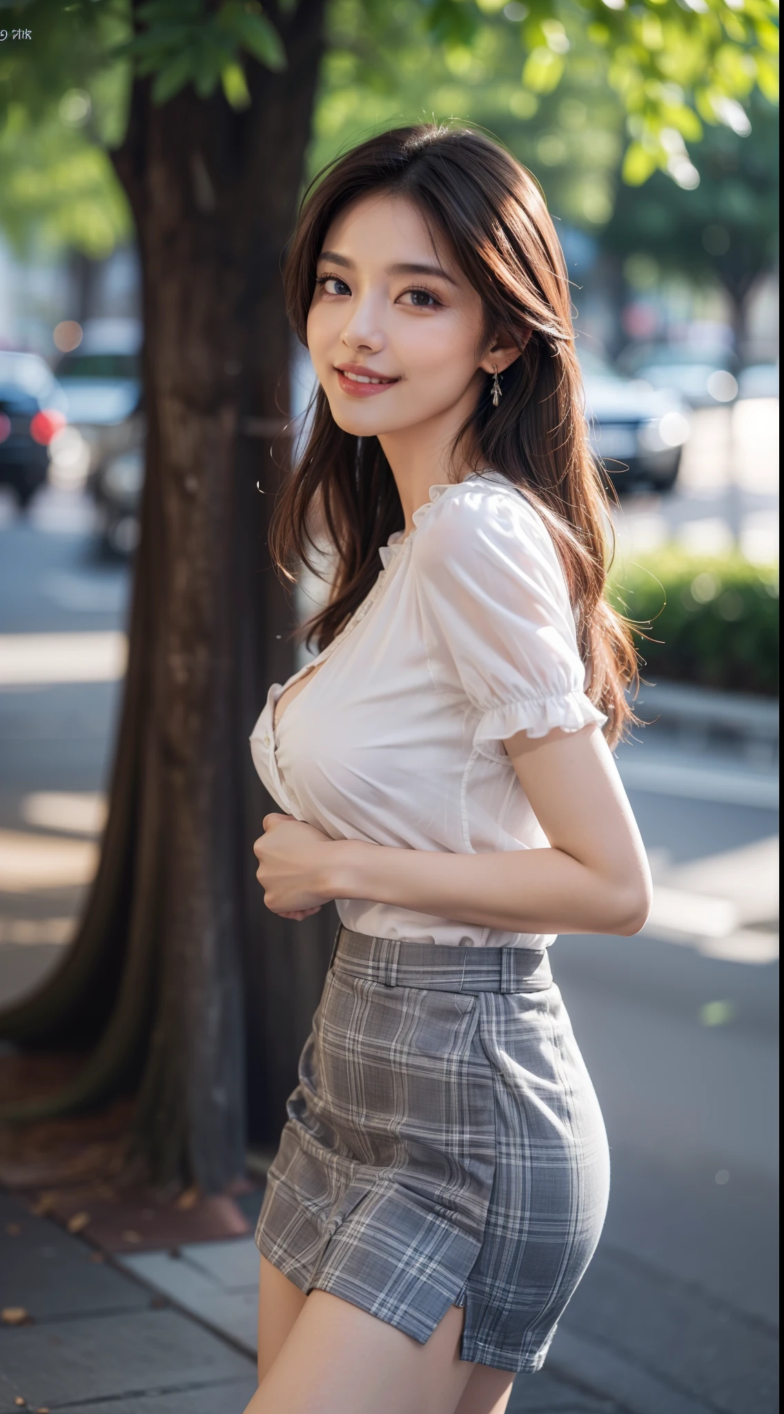 8k, masterpiece, RAW photo, best quality, photorealistic, extremely detailed CG unity 8k wallpaper, Depth of field, Cinematic Light, Lens Flare, Ray tracing, (extremely beautiful face, beautiful lips, beautiful eyes), intricate detail face, ((ultra detailed skin)) 1girl, in the dark, deep shadow, pretty Asian girl, idol, 1 girl, (very slim slender fit-muscled body:1.3), ((looking at viewer)),(big smile:1.3), ((laced blouse)), (short sleeve) , (daylight big buildings, tree, (blurred background), (night), cityscape, rooftops, beautiful earrings, clear eyes, (pale skin), (big eyes), face forward, (brown hairs),((plaid skirt)), (looking at viewer:1.3), (open breast), (very slim), medium breasts, thick thighs, medium butts, close up, see through, slim legs