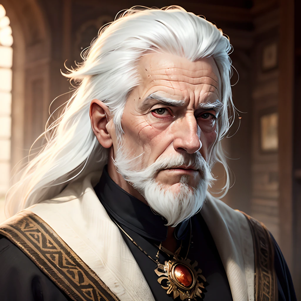 an elder with a beard and white hair, com rosto sereno, Sympathetic look speaking, produzindo, dentro de um templo